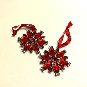 Pottery Barn Jeweled Snowflake Ornament - pair of 2 with red and clear jewels